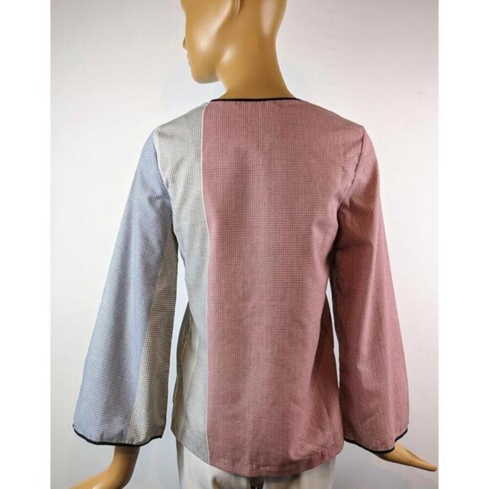 Bugaboo 70s cotton flare sleeve blouse geometric multicolor front pocket pull on - Picture 7 of 9